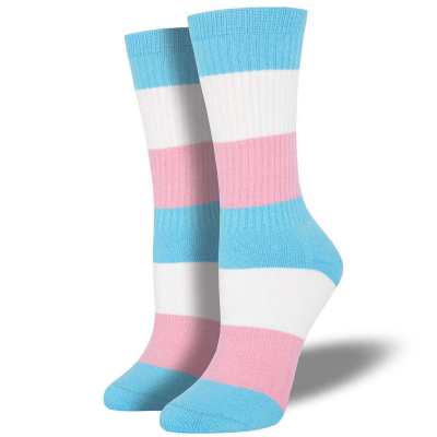 Chaussettes hautes aux couleurs du drapeau Transgenres avec bandes bleu ciel, rose et blanche