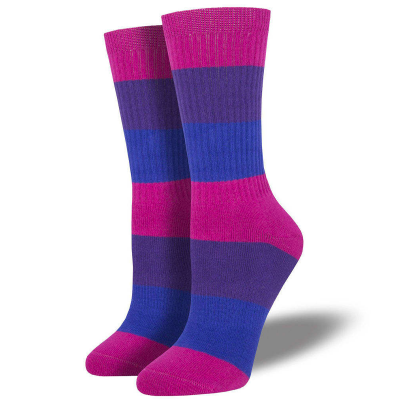 Chaussettes hautes aux couleurs du drapeau bisexuel avec bandes rose, violette et bleue